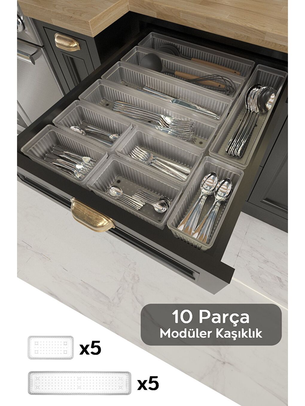 Renksiz 10'lu Modüler Set Kaşıklık Çekmece İçi Düzenleyici Çatal Kaşık Bıçak Düzenleme Organizeri Şeffaf