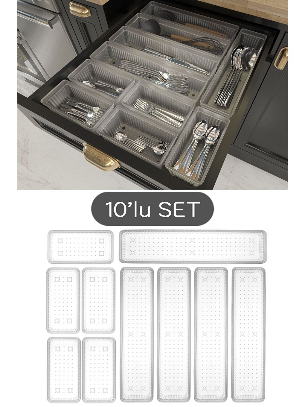 Renksiz 10'lu Modüler Set Kaşıklık Çekmece İçi Düzenleyici Çatal Kaşık Bıçak Düzenleme Organizeri Şeffaf-1
