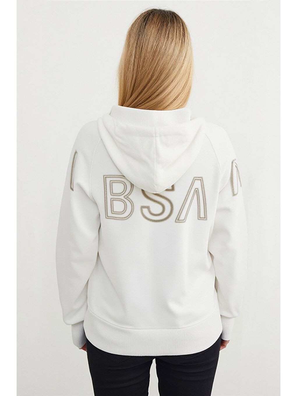 Beyaz Parlak Yazı Baskılı Kapüşonlu Fermuarlı Sweatshirt-1