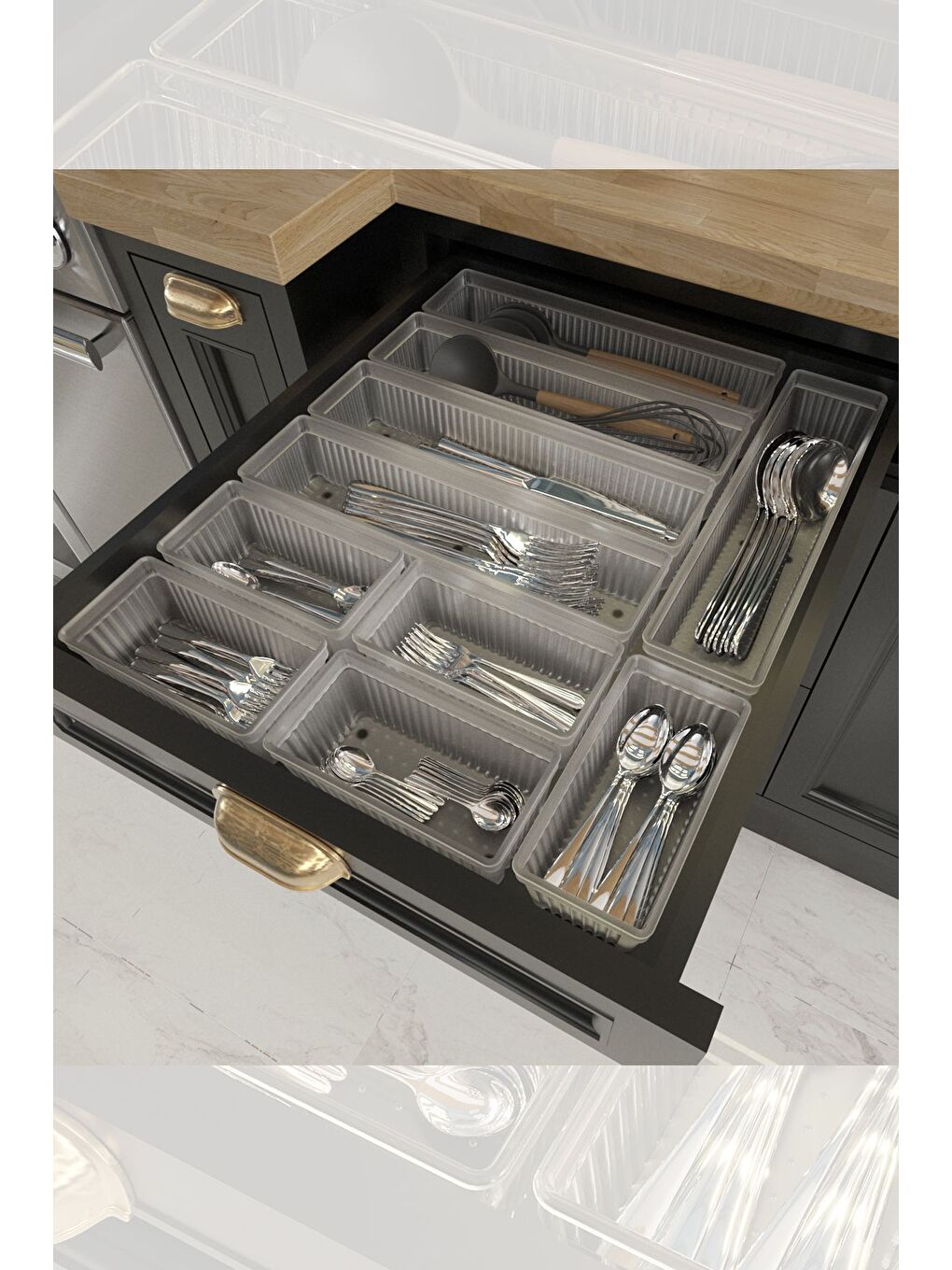 Renksiz 10'lu Modüler Set Kaşıklık Çekmece İçi Düzenleyici Çatal Kaşık Bıçak Düzenleme Organizeri Şeffaf-4
