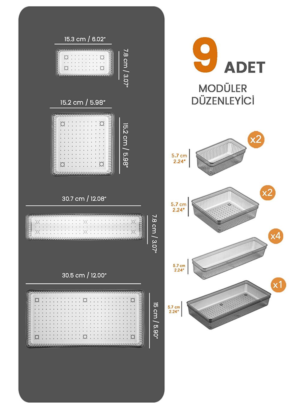 9 Parça Modüler Kaşıklık Seti Ayarlanabilir Mutfak Çekmece İçi Düzenleyici Organizer Antrasit-1