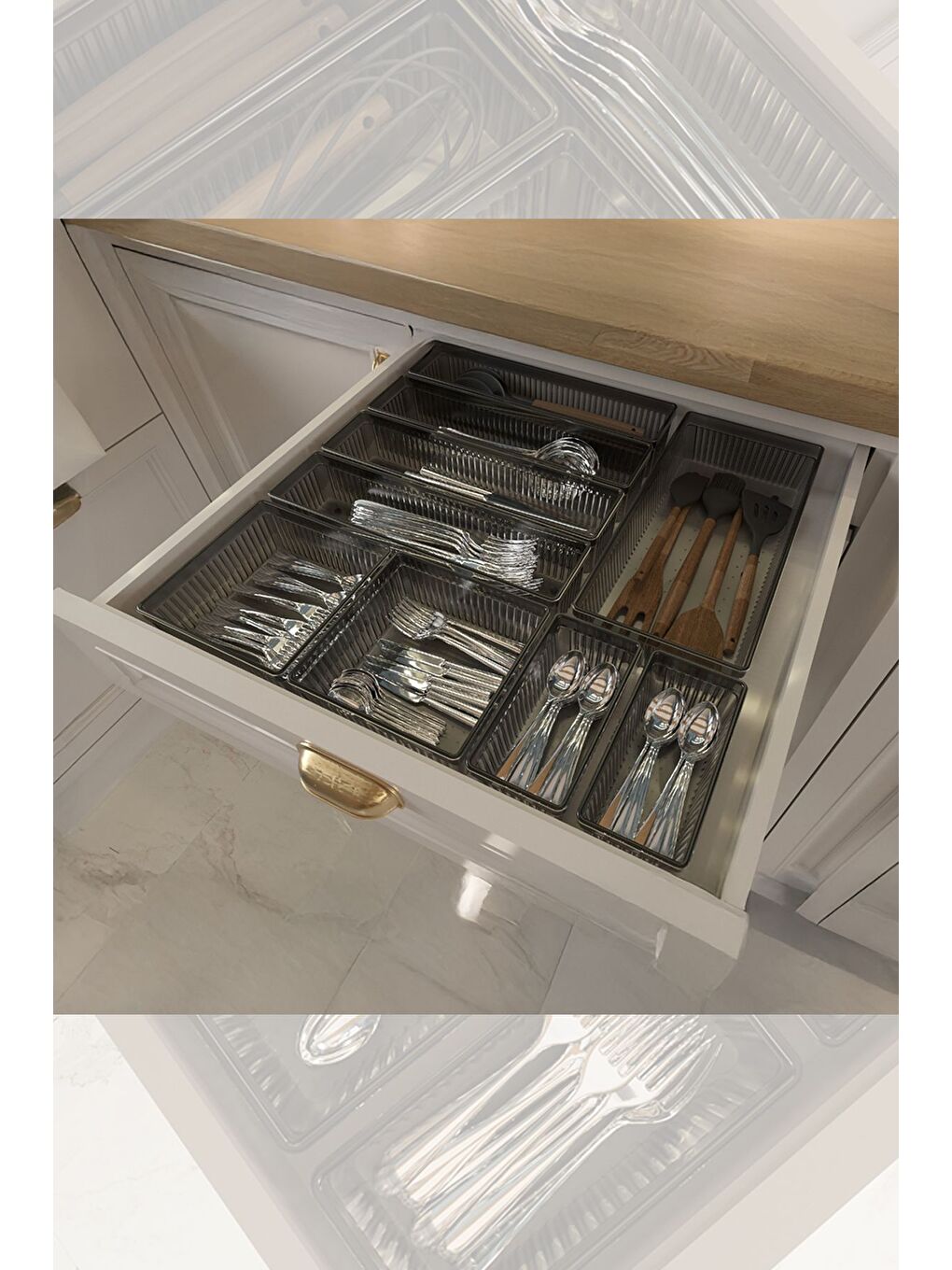 9 Parça Modüler Kaşıklık Seti Ayarlanabilir Mutfak Çekmece İçi Düzenleyici Organizer Antrasit-3