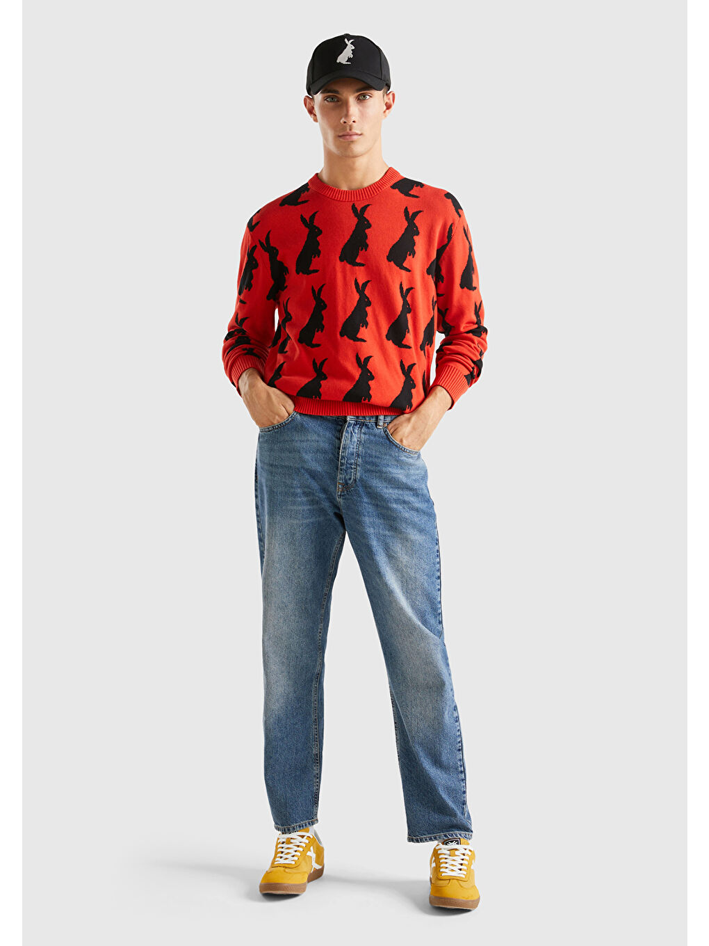 Erkek Kırmızı %100 Pamuk Küçük Tavşan Desenli Kazak-4