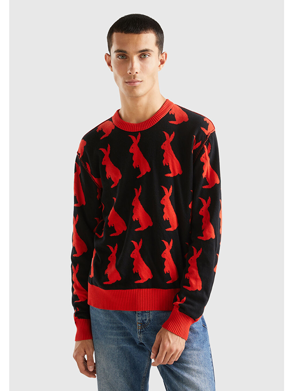 Erkek Kırmızı %100 Pamuk Küçük Tavşan Desenli Kazak-5