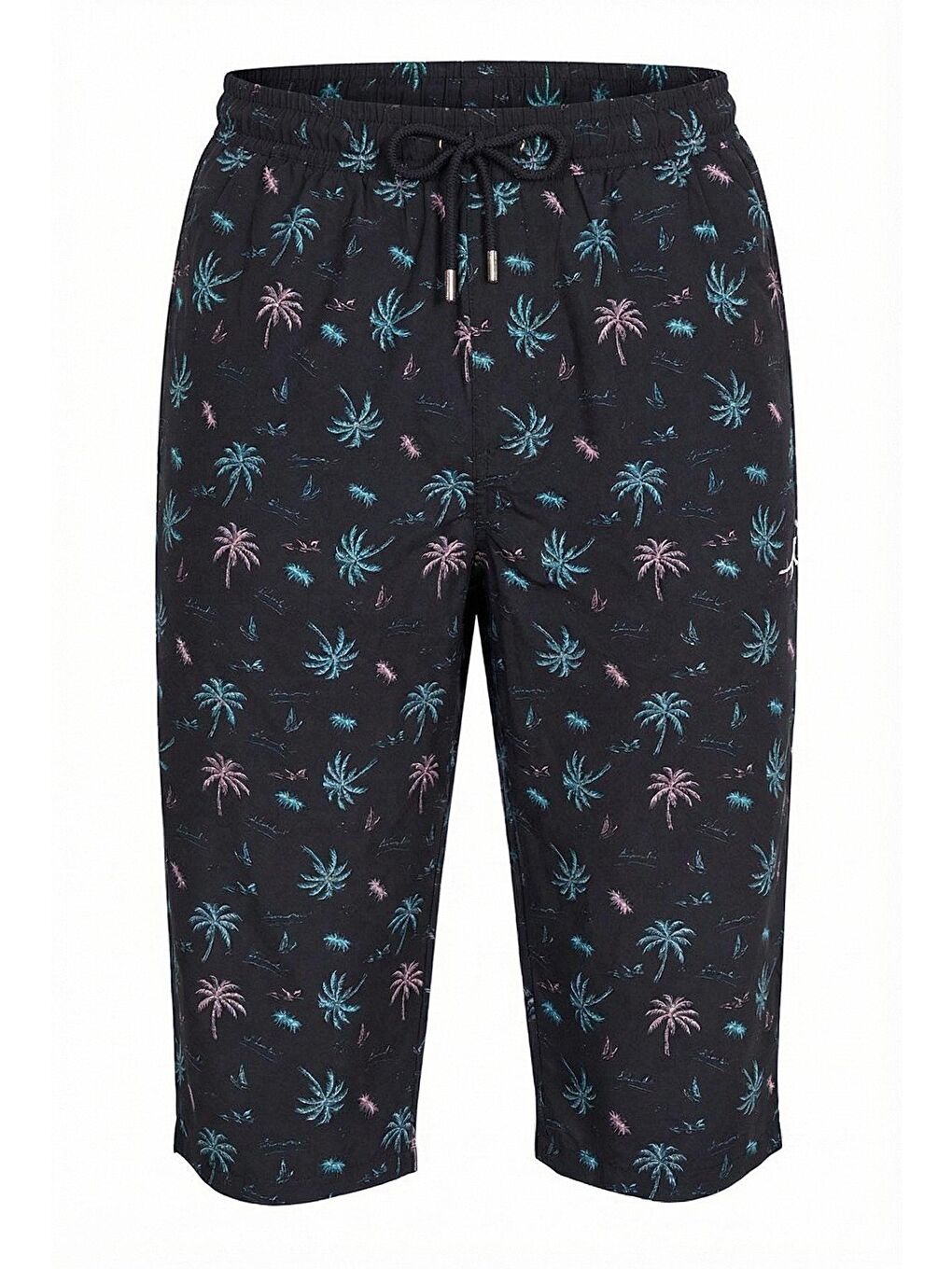 Yeşil Palmiye Desenli Siyah Uzun Erkek Havuz Ve Deniz Şortu 6004