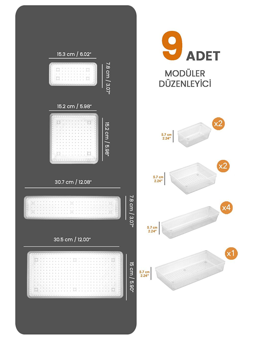 Renksiz 9 Parça Modüler Kaşıklık Seti Ayarlanabilir Mutfak Çekmece İçi Düzenleyici Organizer Şeffaf-1