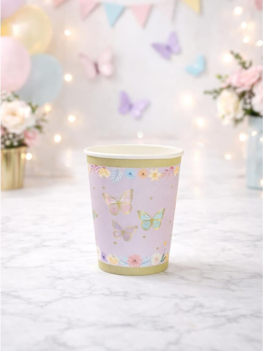 Mor Kelebek Temalı Bardak Karton Doğum Günü Bardağı 8'li