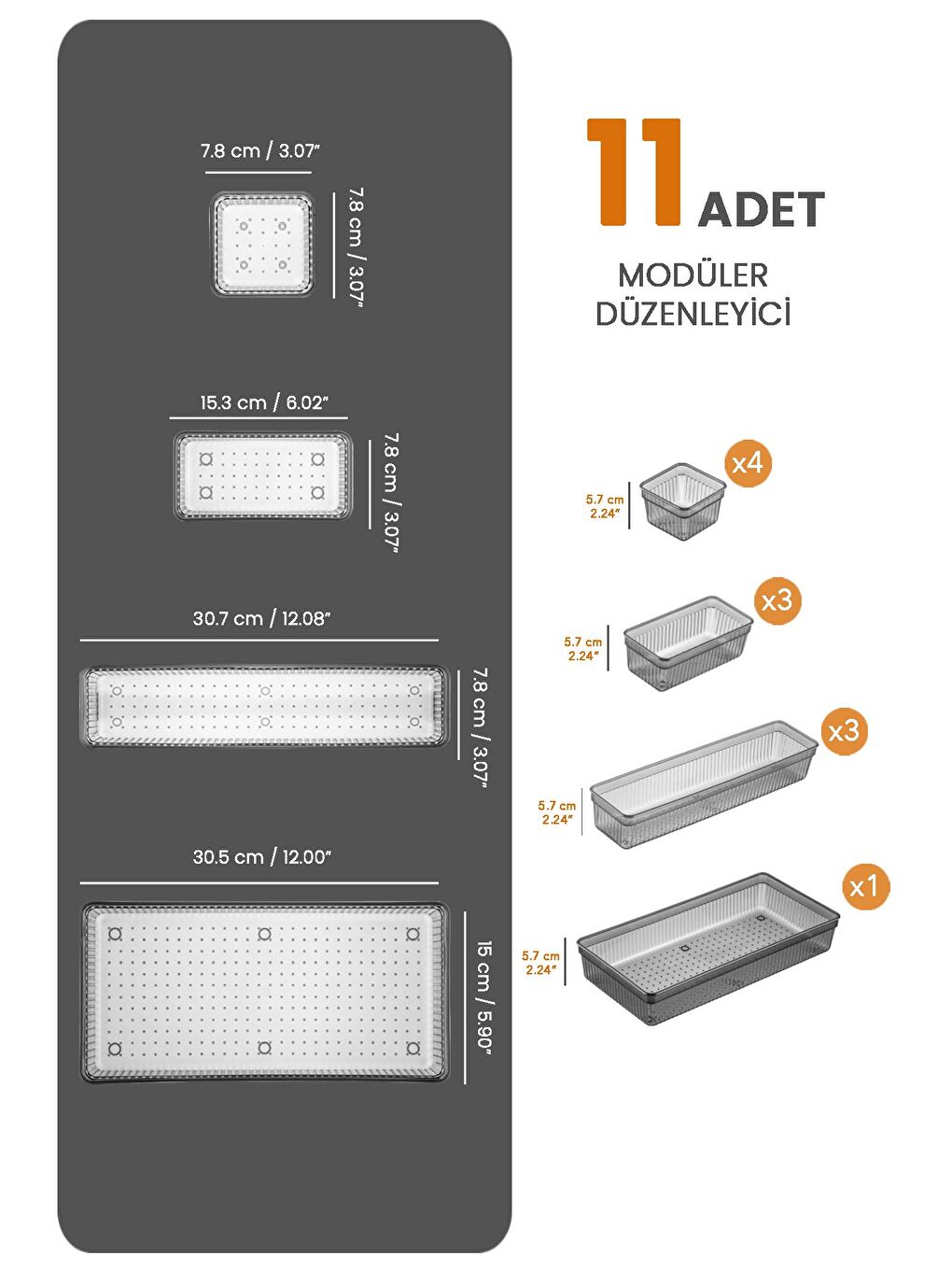 11 Parça Modüler Kaşıklık Seti Ayarlanabilir Mutfak Çekmece İçi Düzenleyici Organizer Antrasit-1