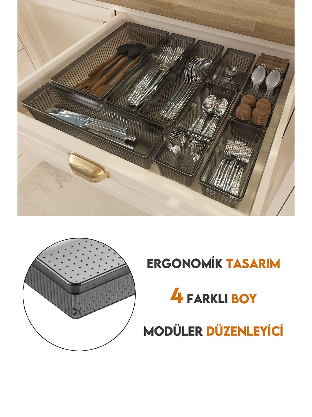 11 Parça Modüler Kaşıklık Seti Ayarlanabilir Mutfak Çekmece İçi Düzenleyici Organizer Antrasit-2