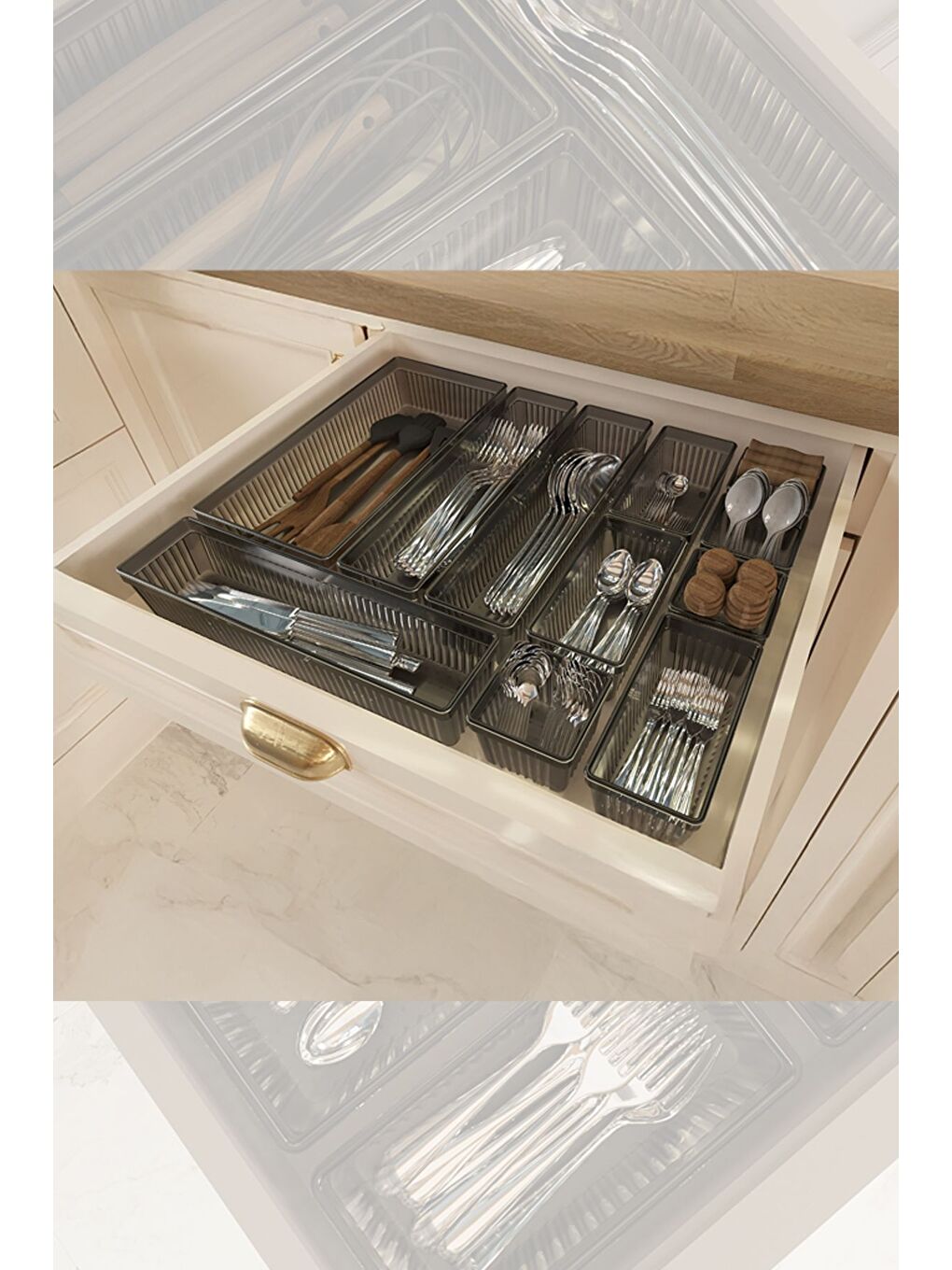 11 Parça Modüler Kaşıklık Seti Ayarlanabilir Mutfak Çekmece İçi Düzenleyici Organizer Antrasit-3