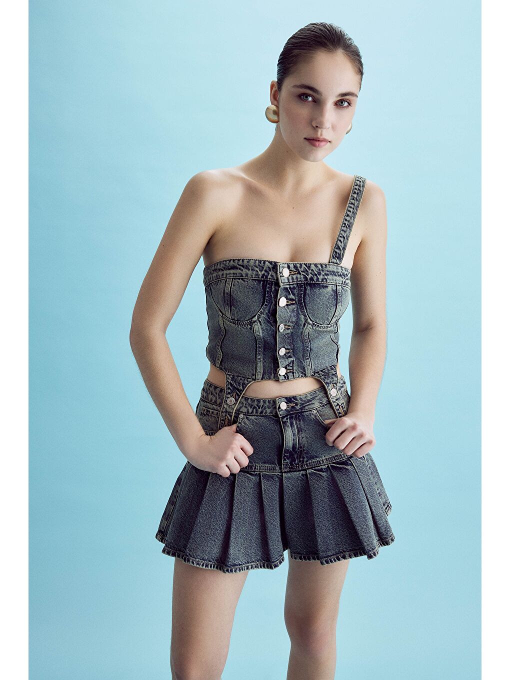 Mavi Kadın T.Kot Rengi 45S-75 Pileli %100 Pamuk Tasarım Mini Denim Etek