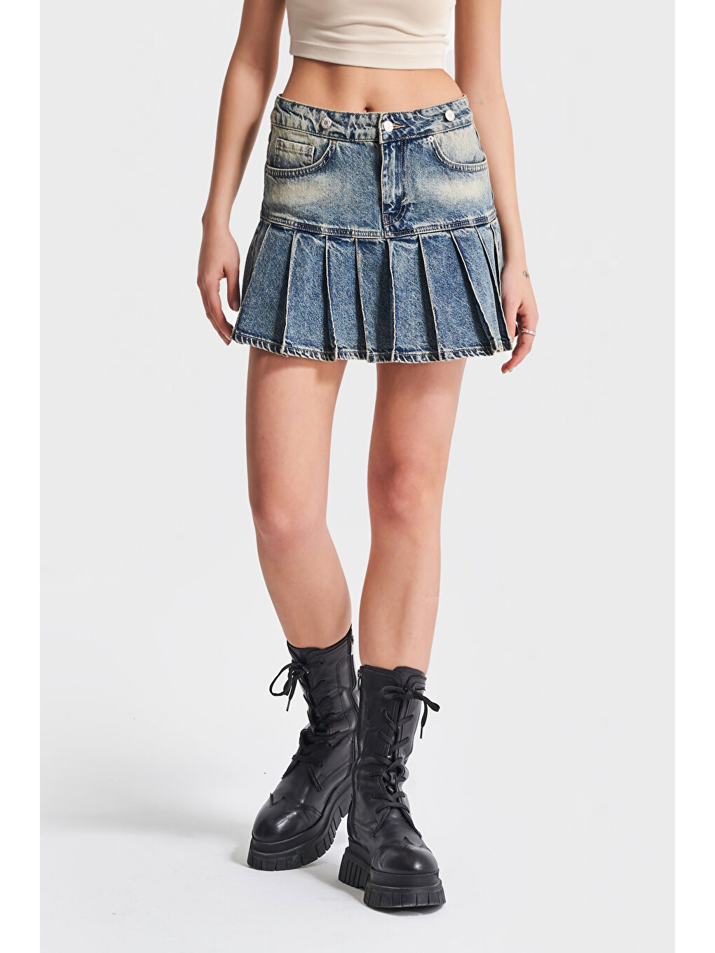 Mavi Kadın T.Kot Rengi 45S-75 Pileli %100 Pamuk Tasarım Mini Denim Etek-1