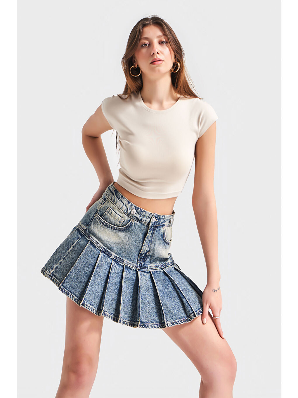 Mavi Kadın T.Kot Rengi 45S-75 Pileli %100 Pamuk Tasarım Mini Denim Etek-2