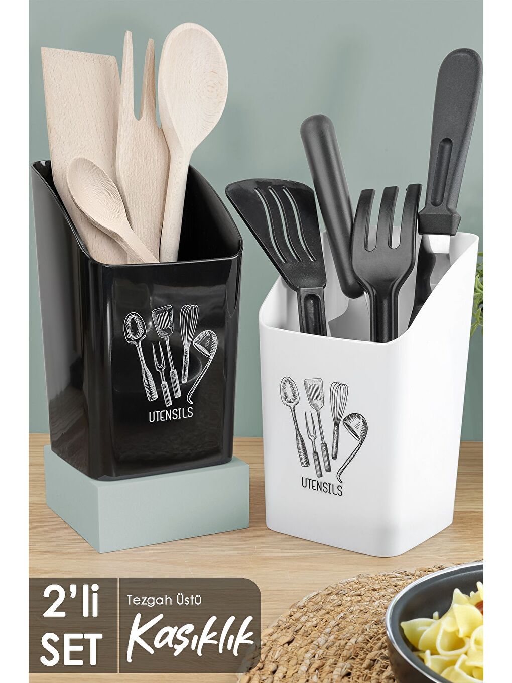 2'li Tezgah Üstü Kaşıklık Mutfak Organizer Düzenleyici Kepçelik Kaşık Bıçak Standı Siyah Beyaz