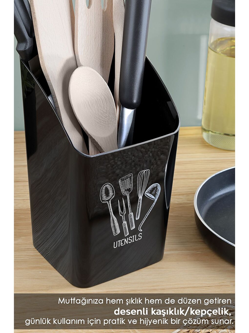 2'li Tezgah Üstü Kaşıklık Mutfak Organizer Düzenleyici Kepçelik Kaşık Bıçak Standı Siyah Beyaz-2