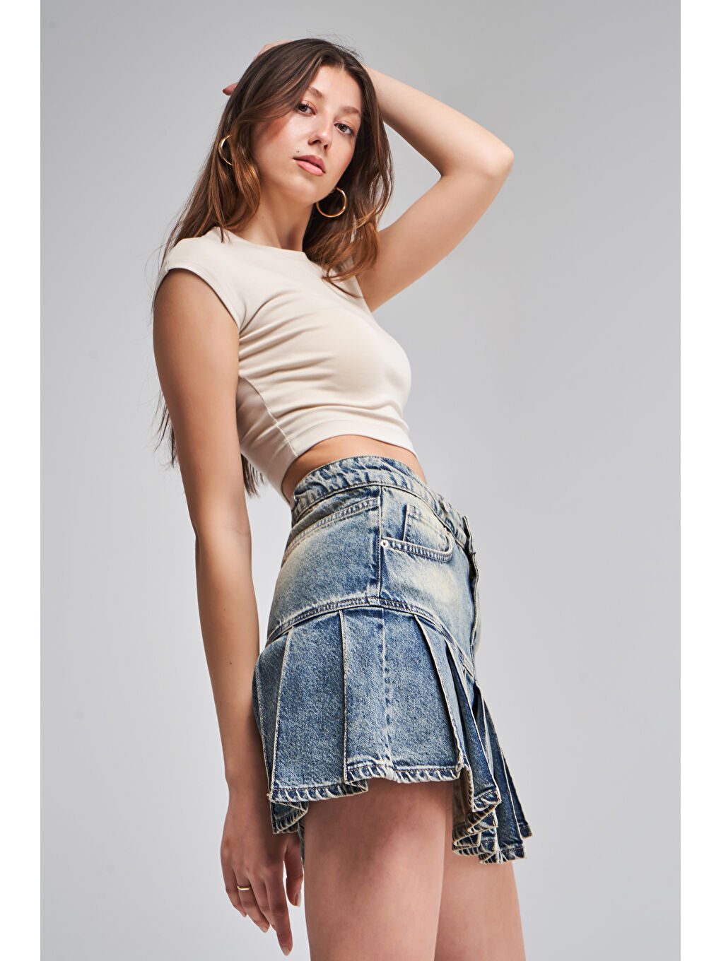 Mavi Kadın T.Kot Rengi 45S-75 Pileli %100 Pamuk Tasarım Mini Denim Etek-4