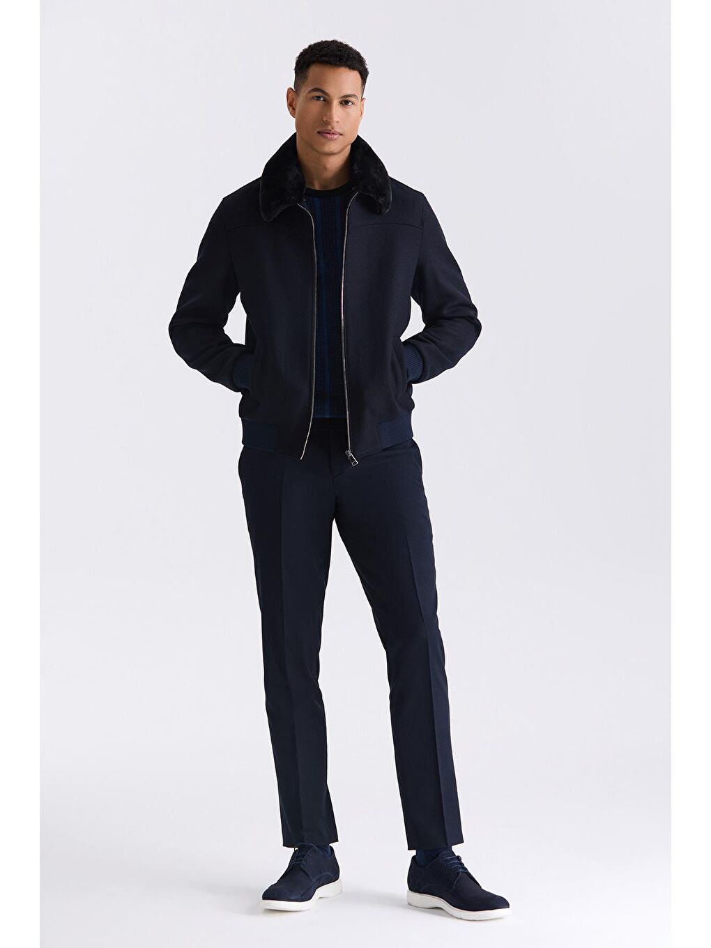 Lacivert Regular Fit Çıkarılabilir Kürklü Yaka Lastikli Yünlü Kaban Mont-1