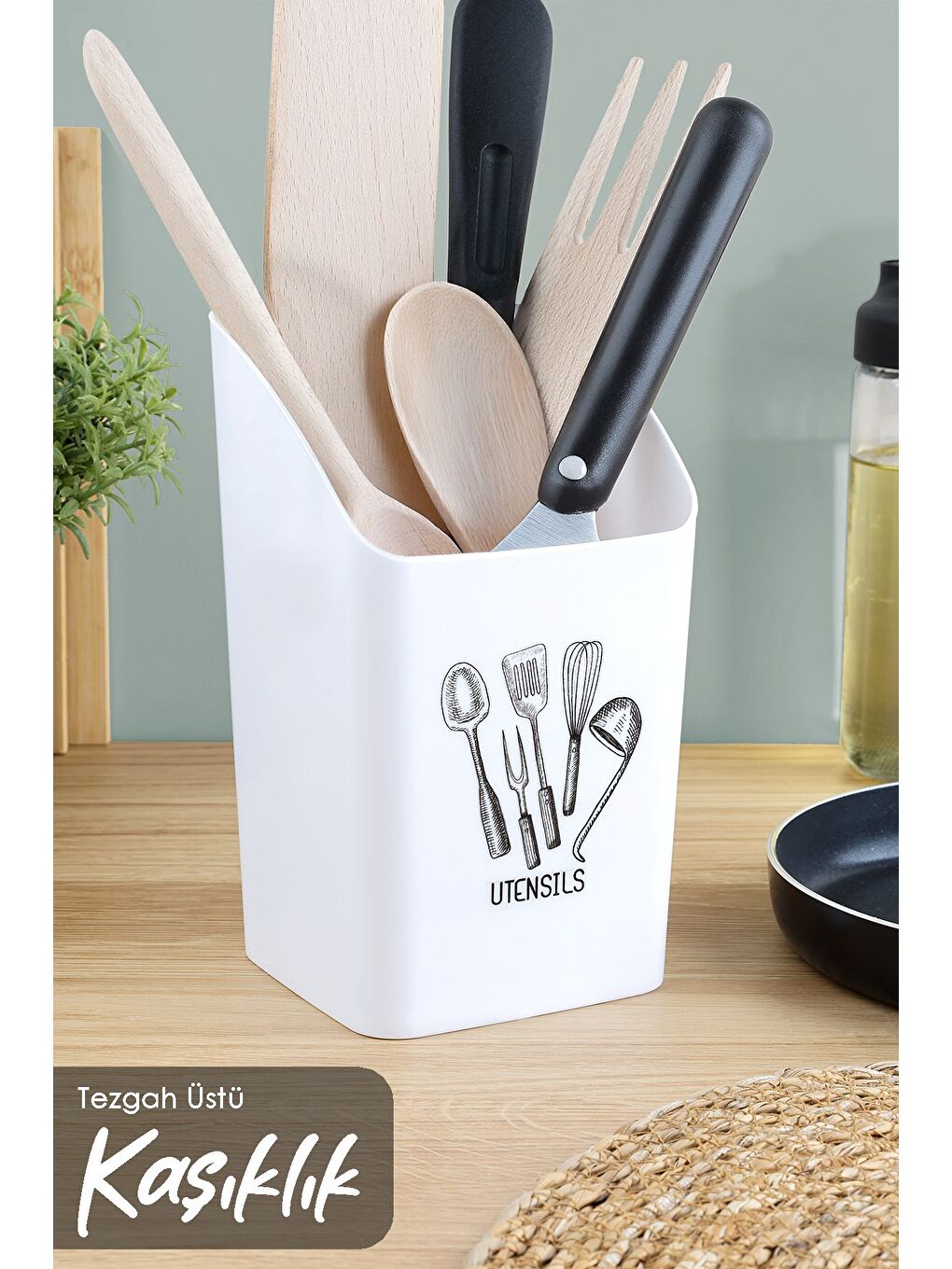 Tezgah Üstü Kaşıklık Mutfak Organizer Düzenleyici Kepçelik Kaşık Bıçak Standı Beyaz