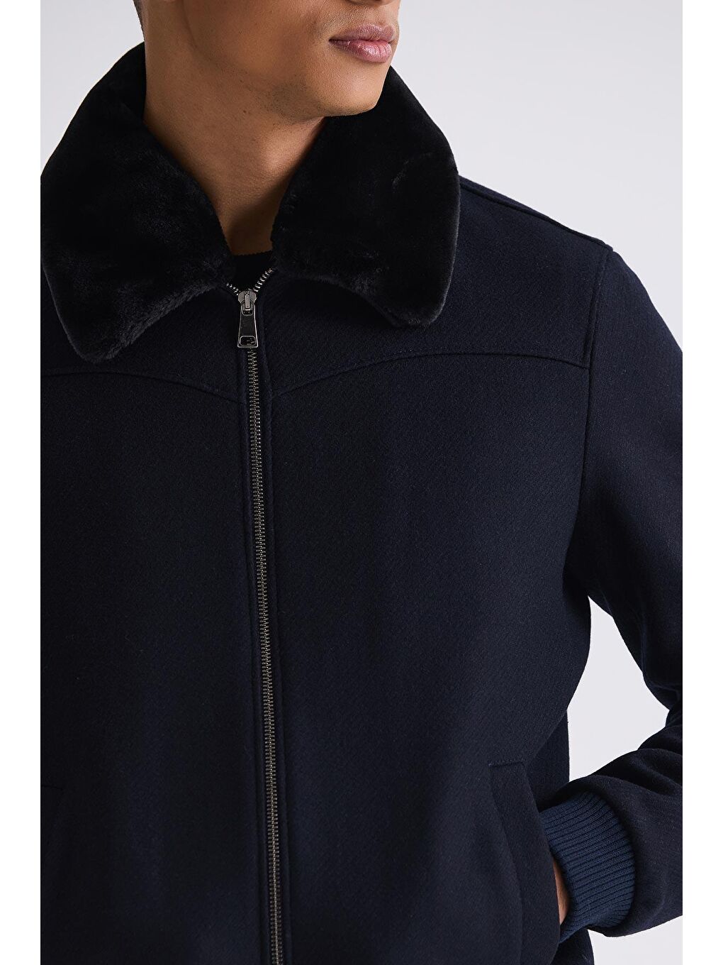 Lacivert Regular Fit Çıkarılabilir Kürklü Yaka Lastikli Yünlü Kaban Mont-2