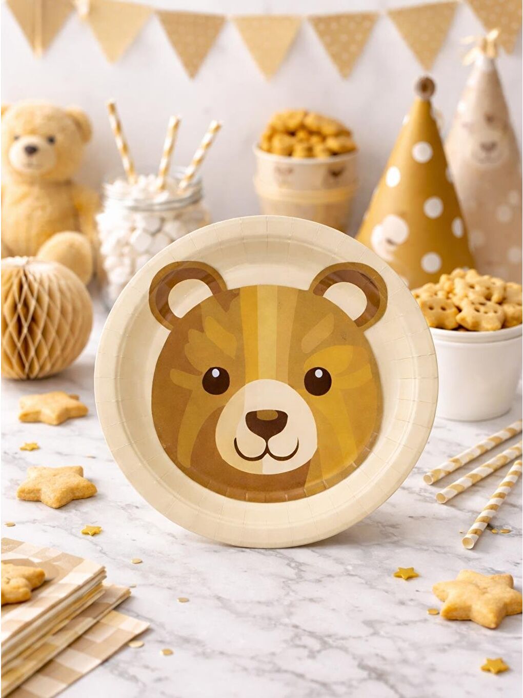 Kahverengi Sevimli Ayıcık Temalı Tabak Karton Doğum Günü Tabağı 8'li