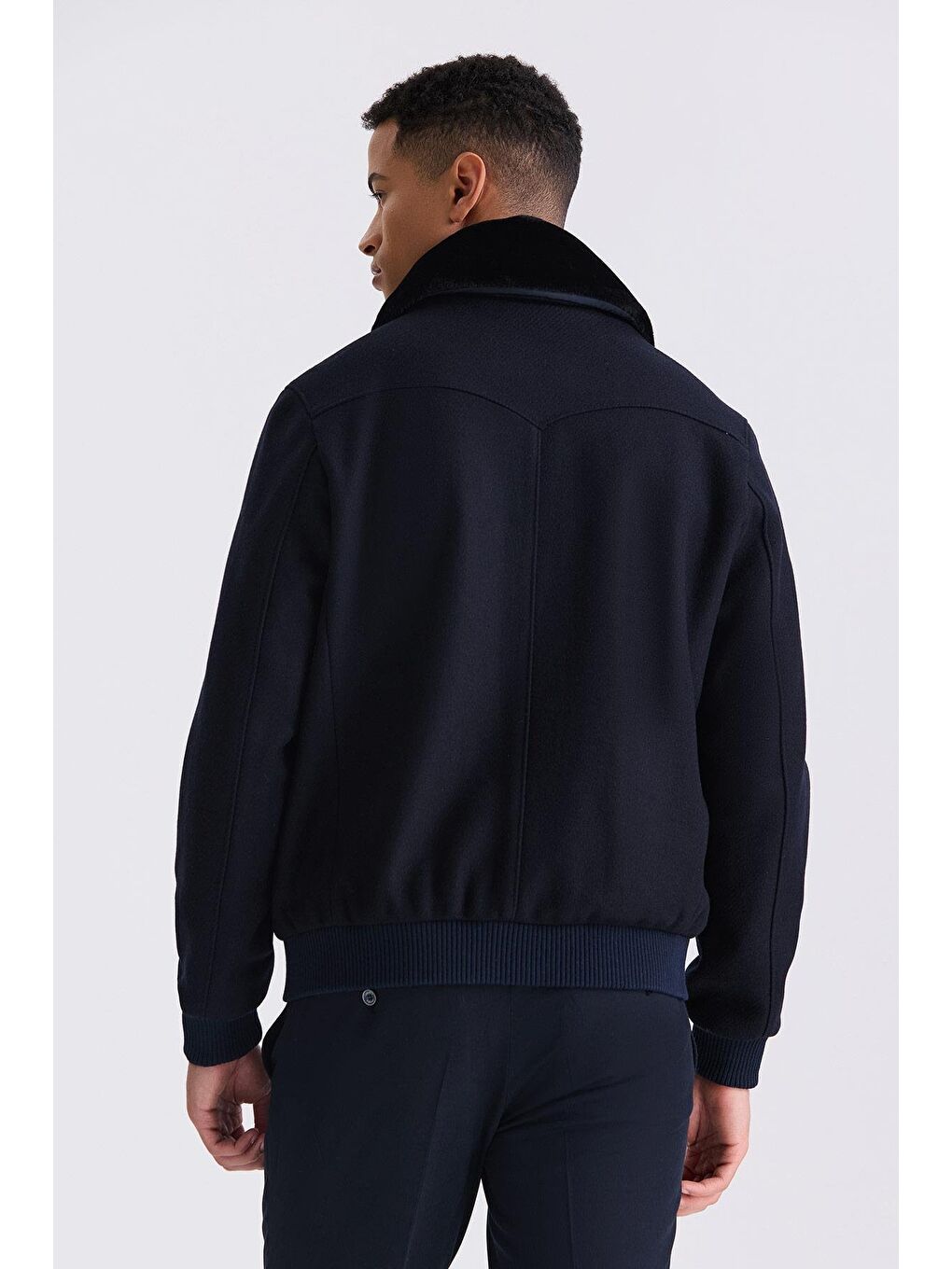 Lacivert Regular Fit Çıkarılabilir Kürklü Yaka Lastikli Yünlü Kaban Mont-3