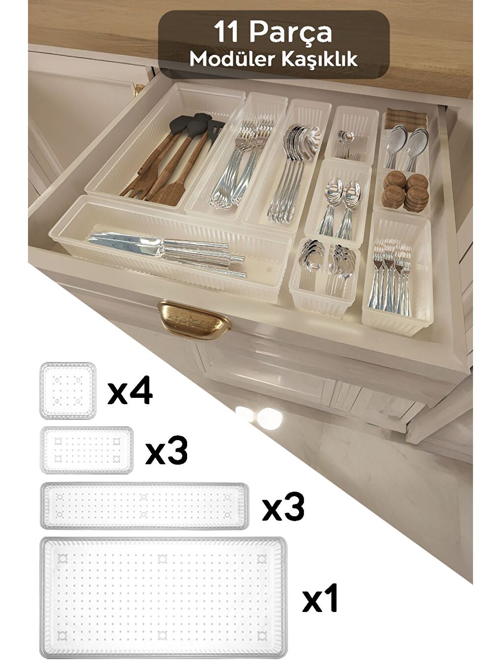 Renksiz 11 Parça Modüler Kaşıklık Seti Ayarlanabilir Mutfak Çekmece İçi Düzenleyici Organizer Şeffaf