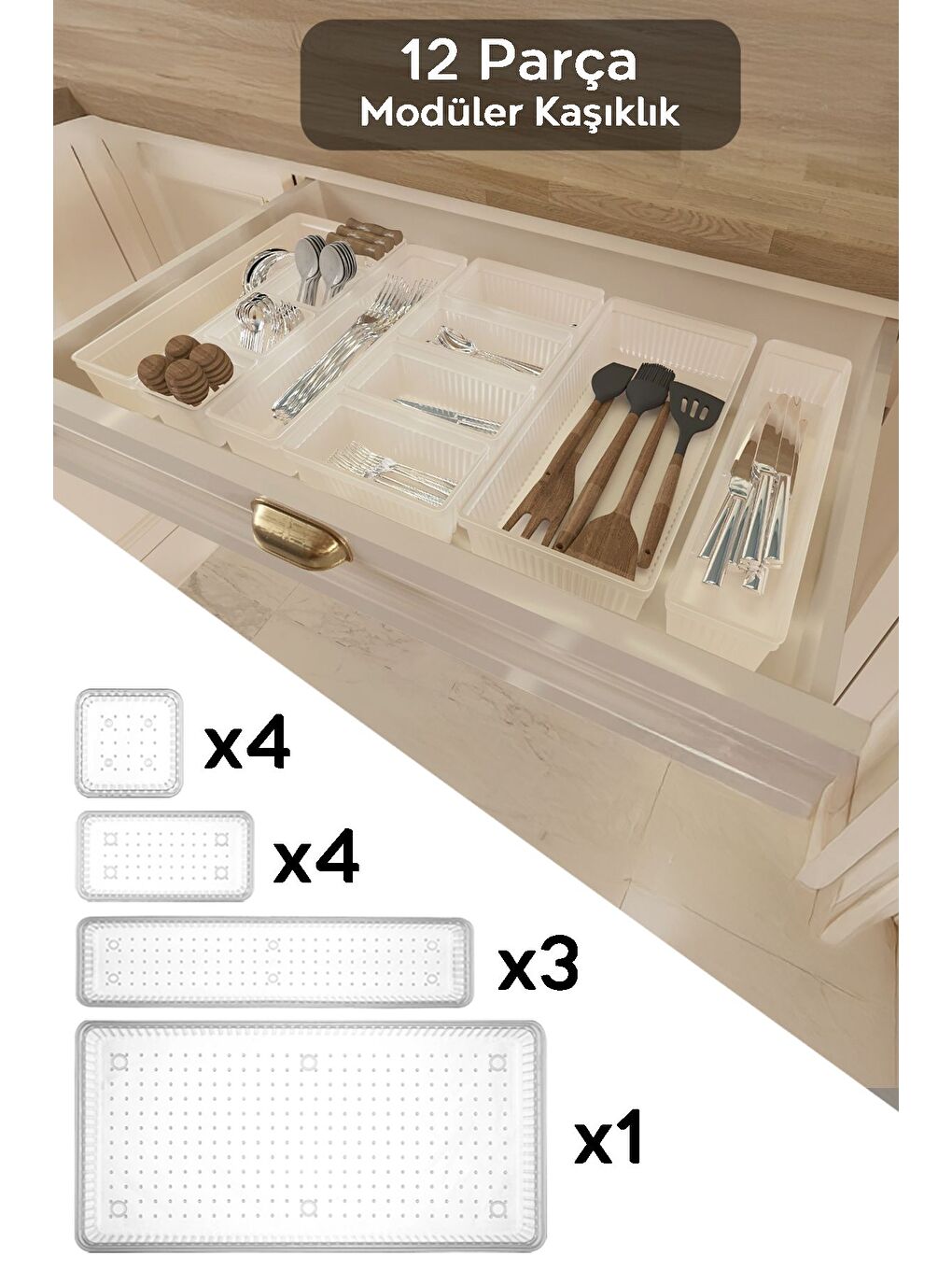 Renksiz 12 Parça Modüler Kaşıklık Seti Ayarlanabilir Mutfak Çekmece İçi Düzenleyici Organizer Şeffaf