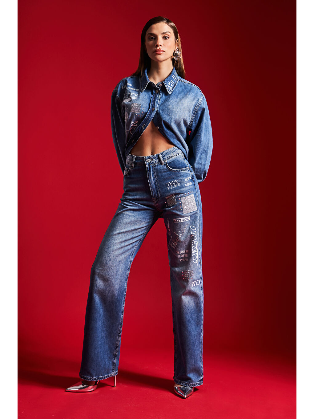 Mavi Kadın T.Kot Rengi 2S5-72 Baskılı Parlak Taşlı Straight Fit %100 Pamuk Tasarım Denim Jean-1