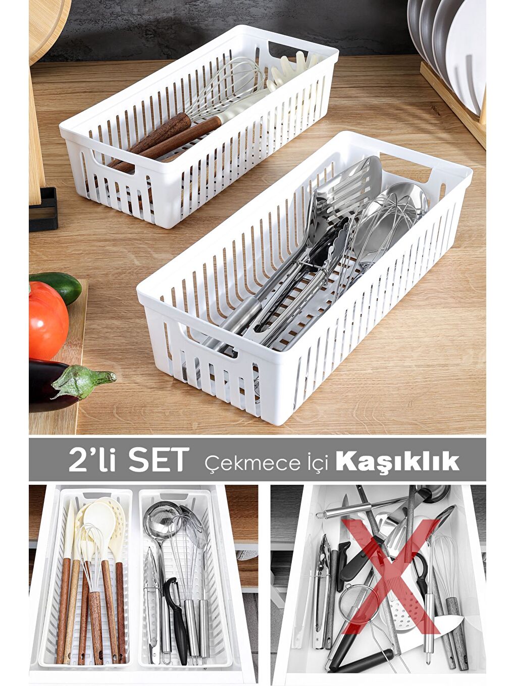 2li Modüler Kaşıklık Seti Mutfak Düzenleyici Çekmece İçi Organizer Bıçaklık Kepçelik Beyaz