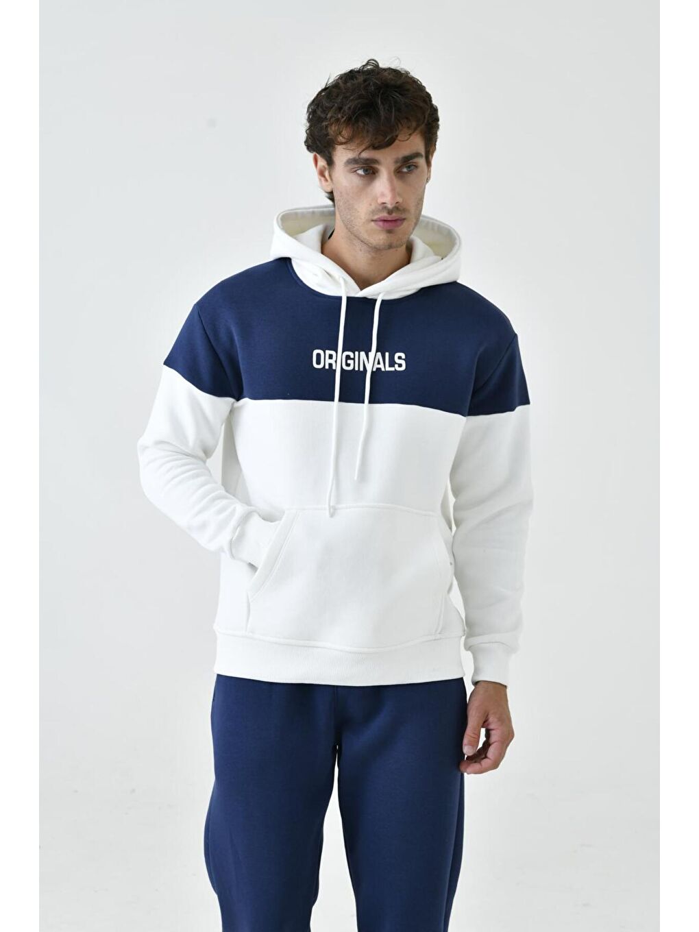 Ekru Perez Nakışlı Üç İplik Pamuklu Parçalı Kapüşonlu  Erkek Hoodie