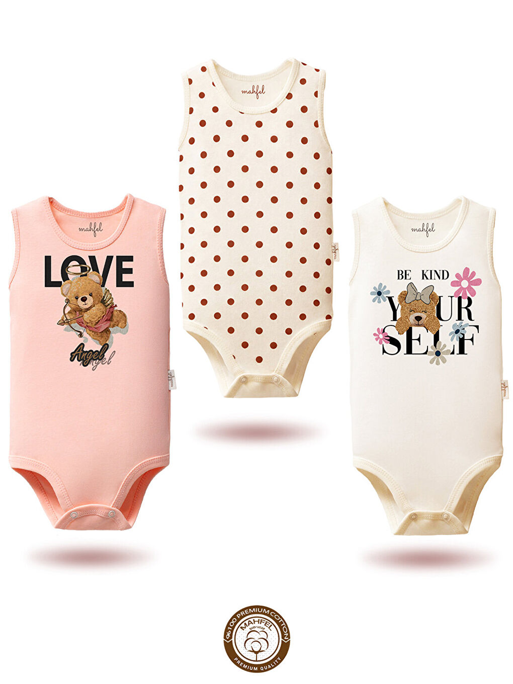 Kahverengi 3'Lü Kız %100 Pamuklu Atlet Çıtçıtlı Bebek Body Zıbın 777-827