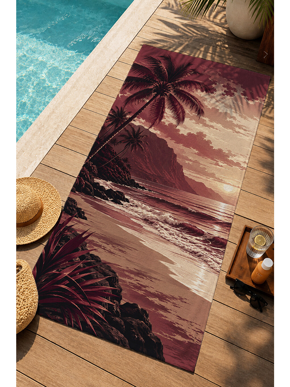 Vintage Bordo Palmiye Sahil Desenli 70x150 Plaj Havlusu - Dijital Baskılı Solmaz Banyo Havlusu-3