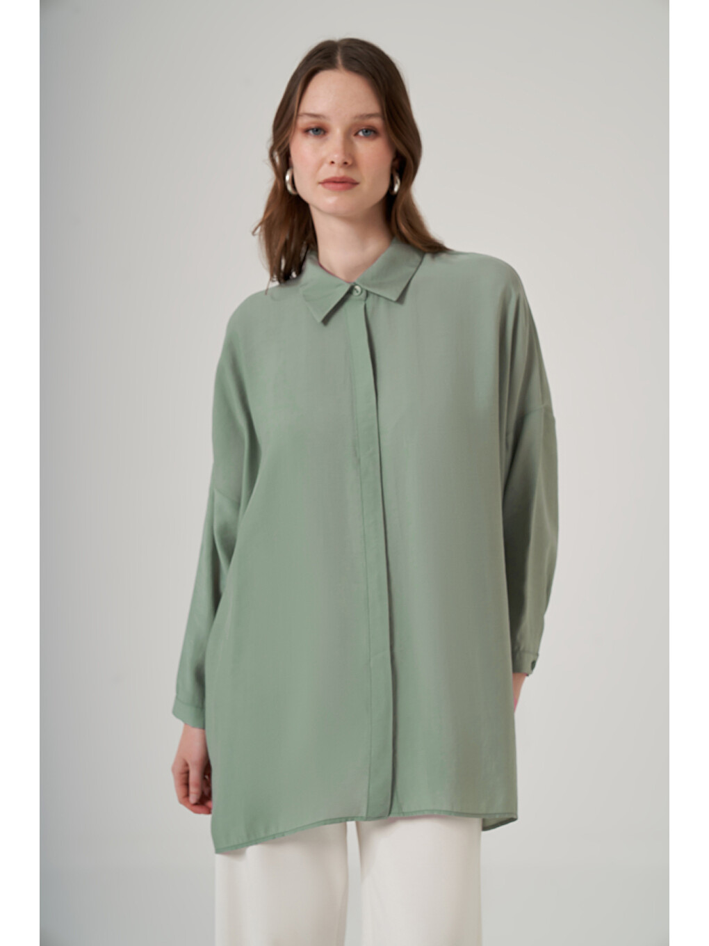 Oversize Basic Yazlık Gömlek 3001 Küf Yeşili-2