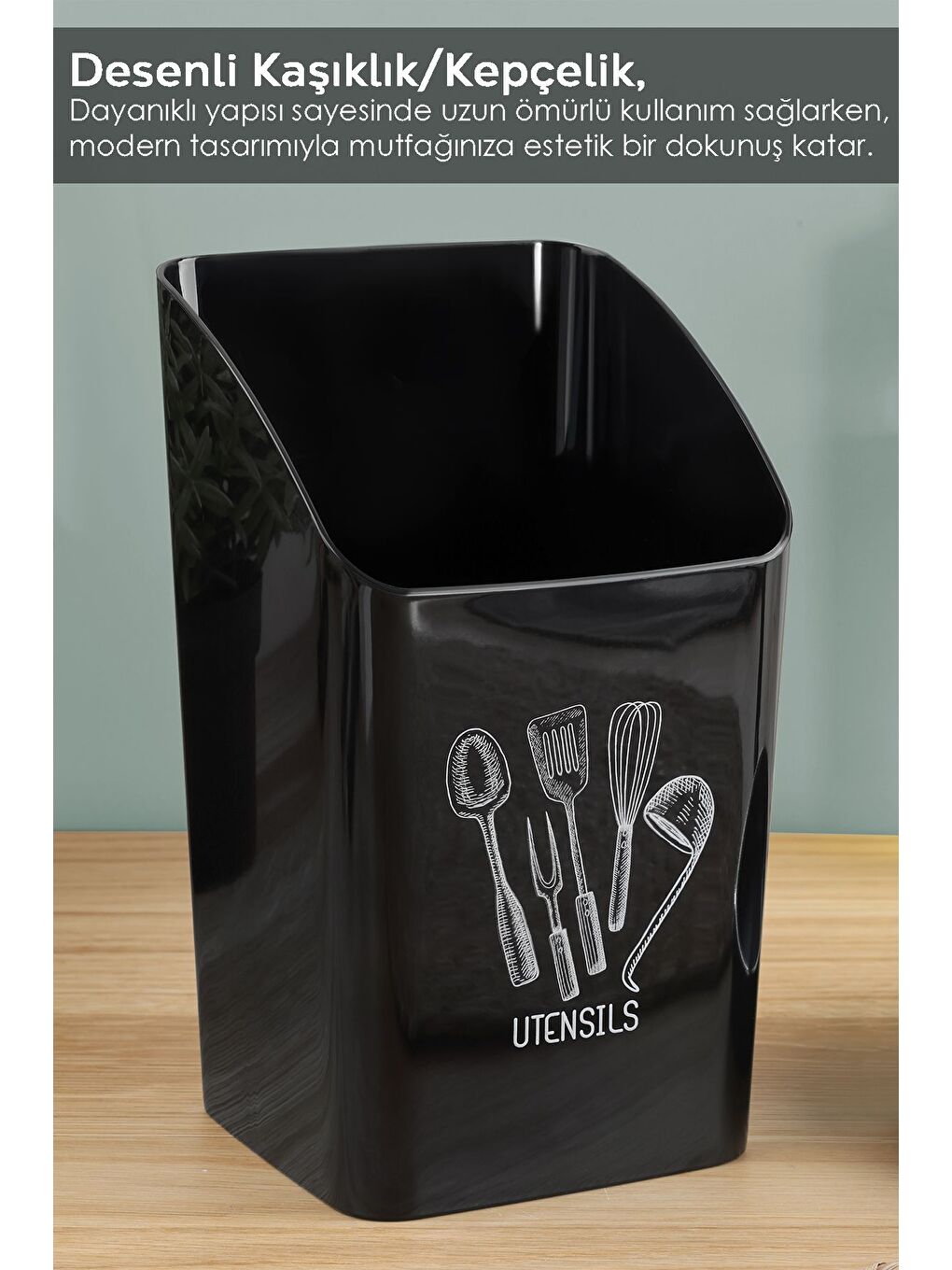 Tezgah Üstü Kaşıklık Mutfak Organizer Düzenleyici Kepçelik Kaşık Bıçak Standı Siyah-1