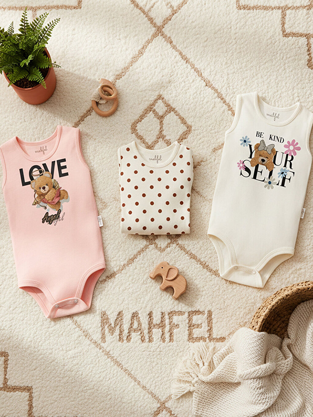 Kahverengi 3'Lü Kız %100 Pamuklu Atlet Çıtçıtlı Bebek Body Zıbın 777-827-2