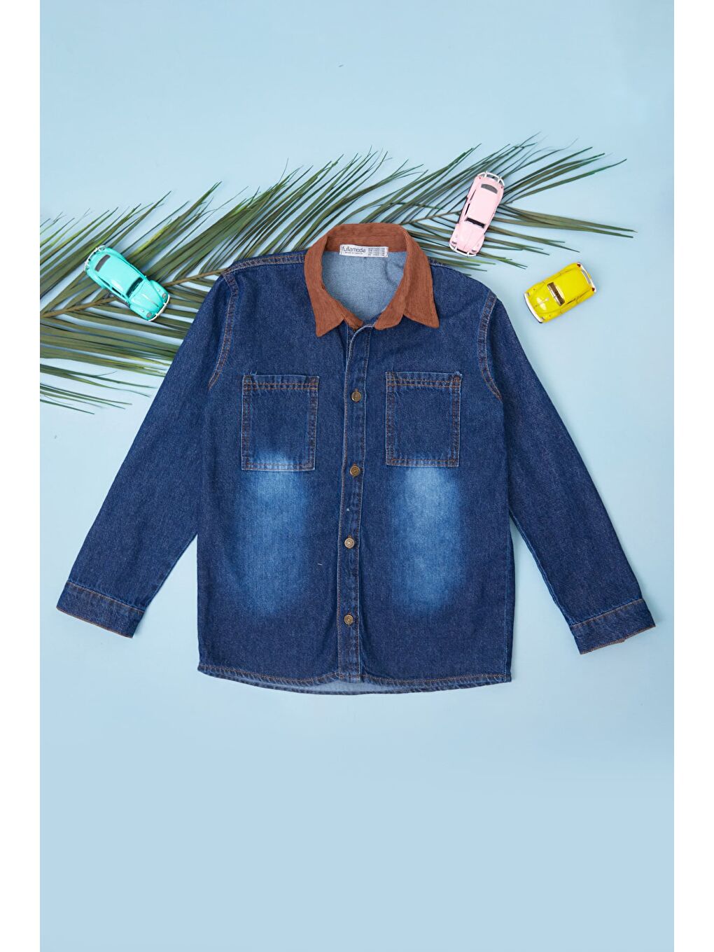 Mavi Kadife Detaylı Düğmeli Erkek Çocuk 2 Li Takım-1