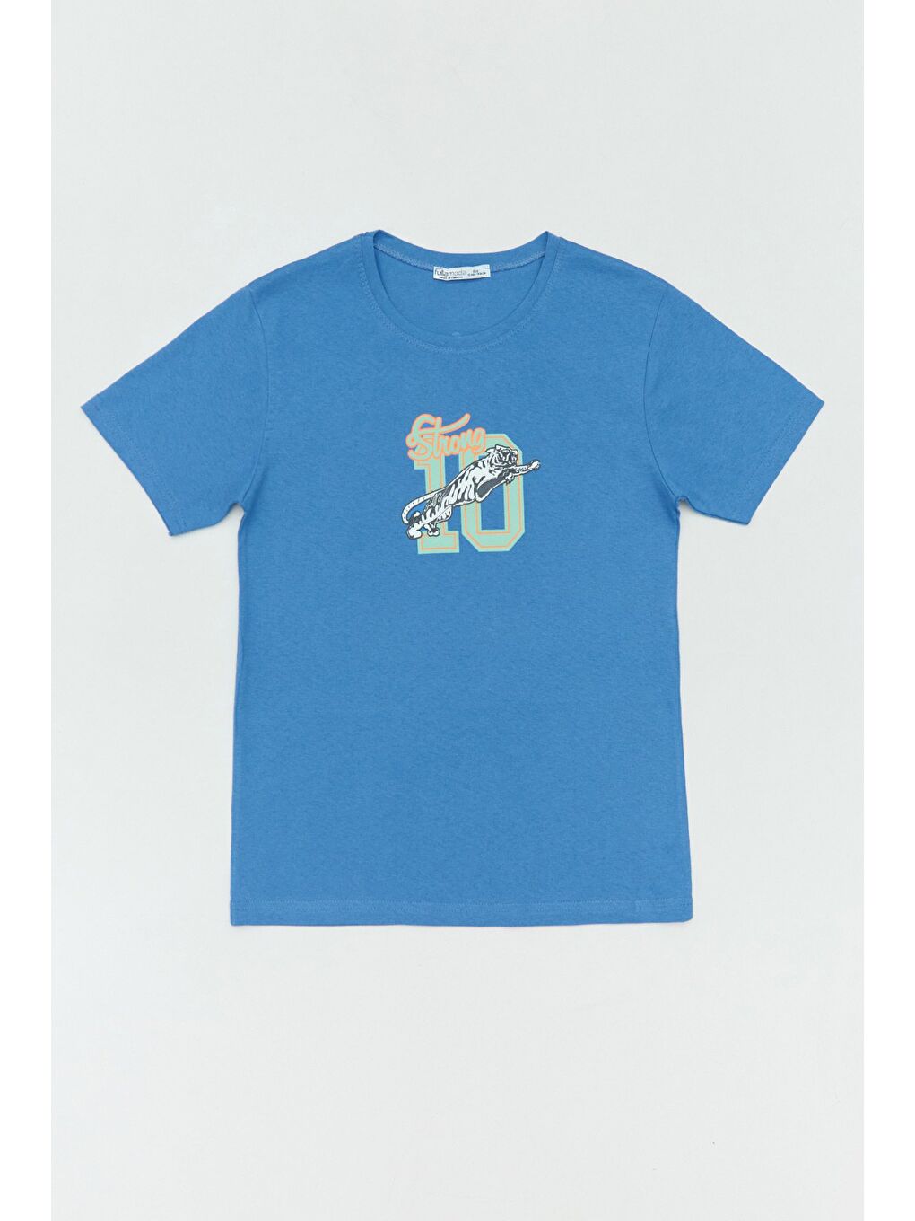 Mavi %100 Pamuk Kaplan Baskılı Bisiklet Yaka Erkek Çocuk Tişört