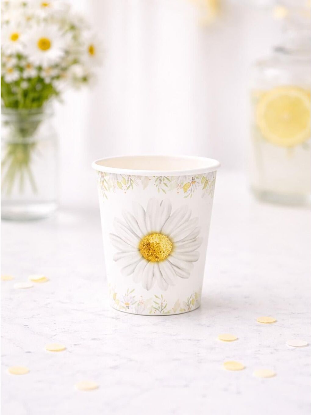 Beyaz Papatya Temalı Bardak Karton Doğum Günü Bardağı 8'li