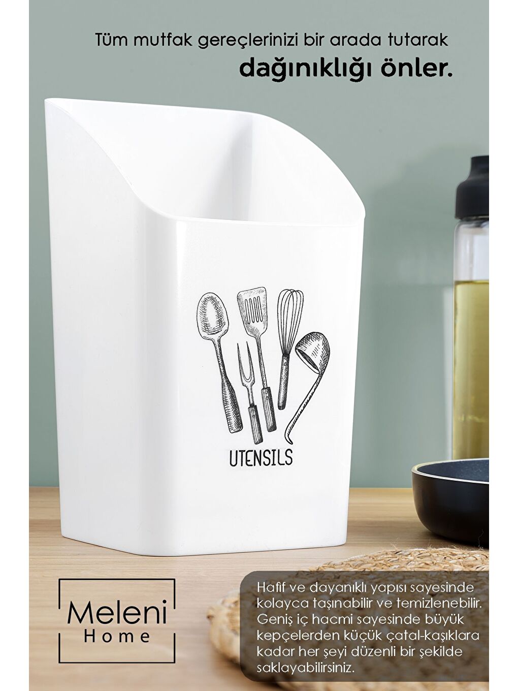 2'li Tezgah Üstü Kaşıklık Mutfak Organizer Düzenleyici Kepçelik Kaşık Bıçak Standı Beyaz-3