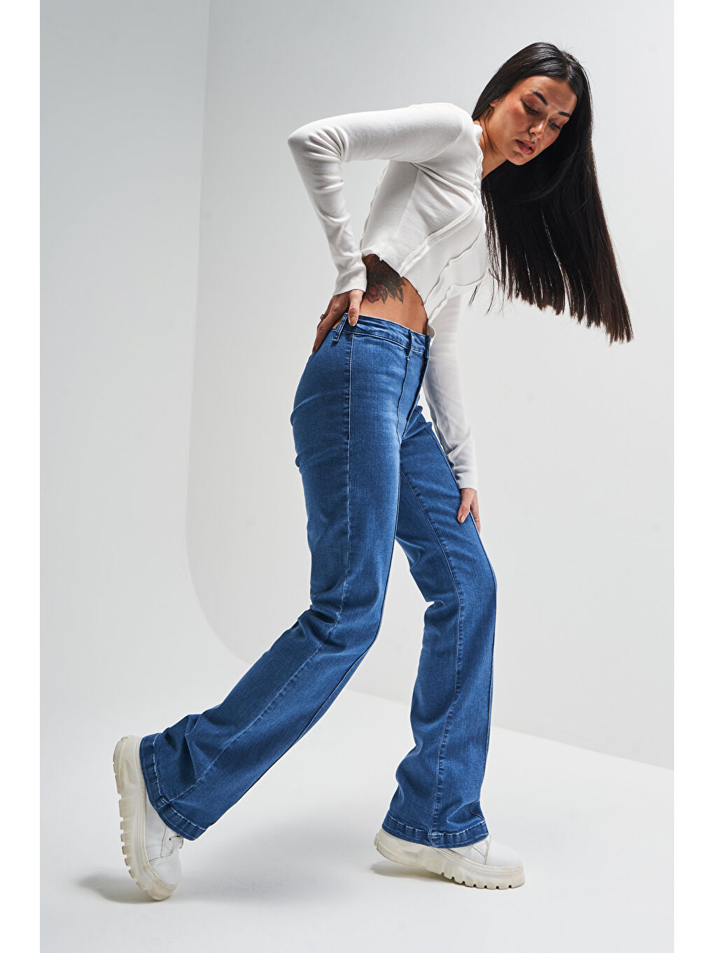 Kadın Mavi Renk 1S5-4 Slim Flare Elastanlı Kumaş Esnek Denim Jean-4