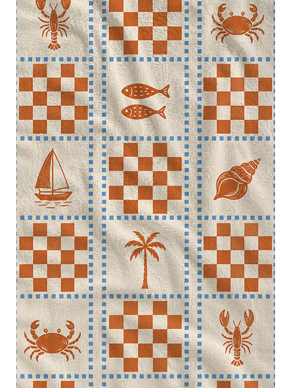 Bohem Turuncu Mavi Geometrik Karo Motifli Desenli 70x150 Plaj Havlusu - Pamuklu Banyo Havlusu-1