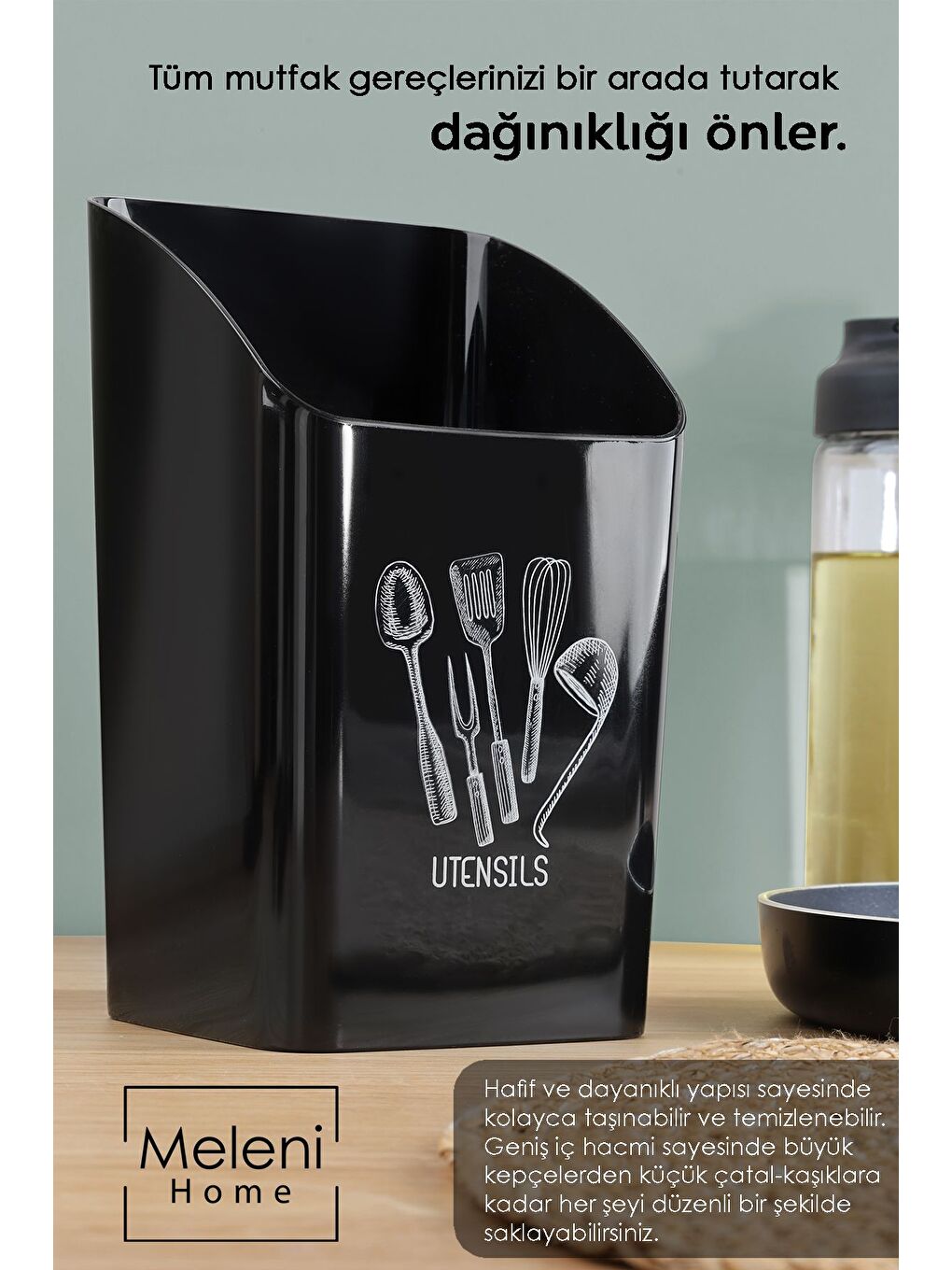 2'li Tezgah Üstü Kaşıklık Mutfak Organizer Düzenleyici Kepçelik Kaşık Bıçak Standı Siyah-3