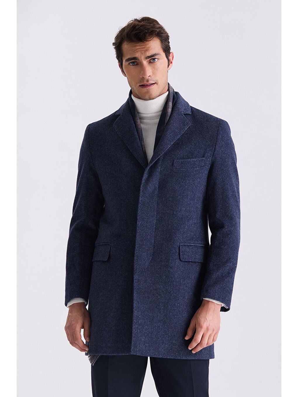 Lacivert Regular Fit Mono Yaka Yünlü Kaşe Kaban