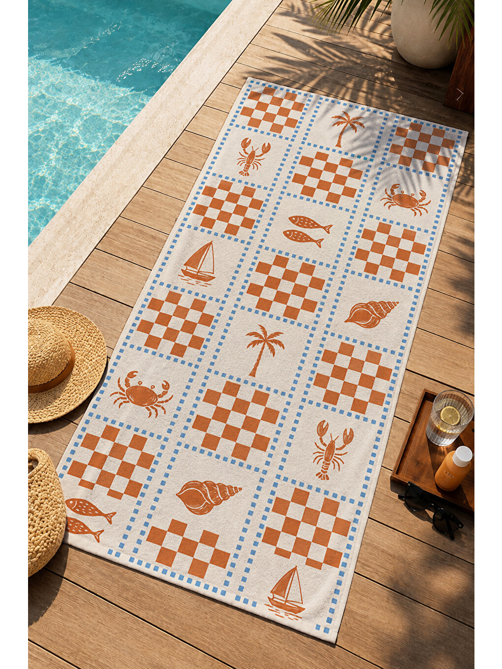 Bohem Turuncu Mavi Geometrik Karo Motifli Desenli 70x150 Plaj Havlusu - Pamuklu Banyo Havlusu-2