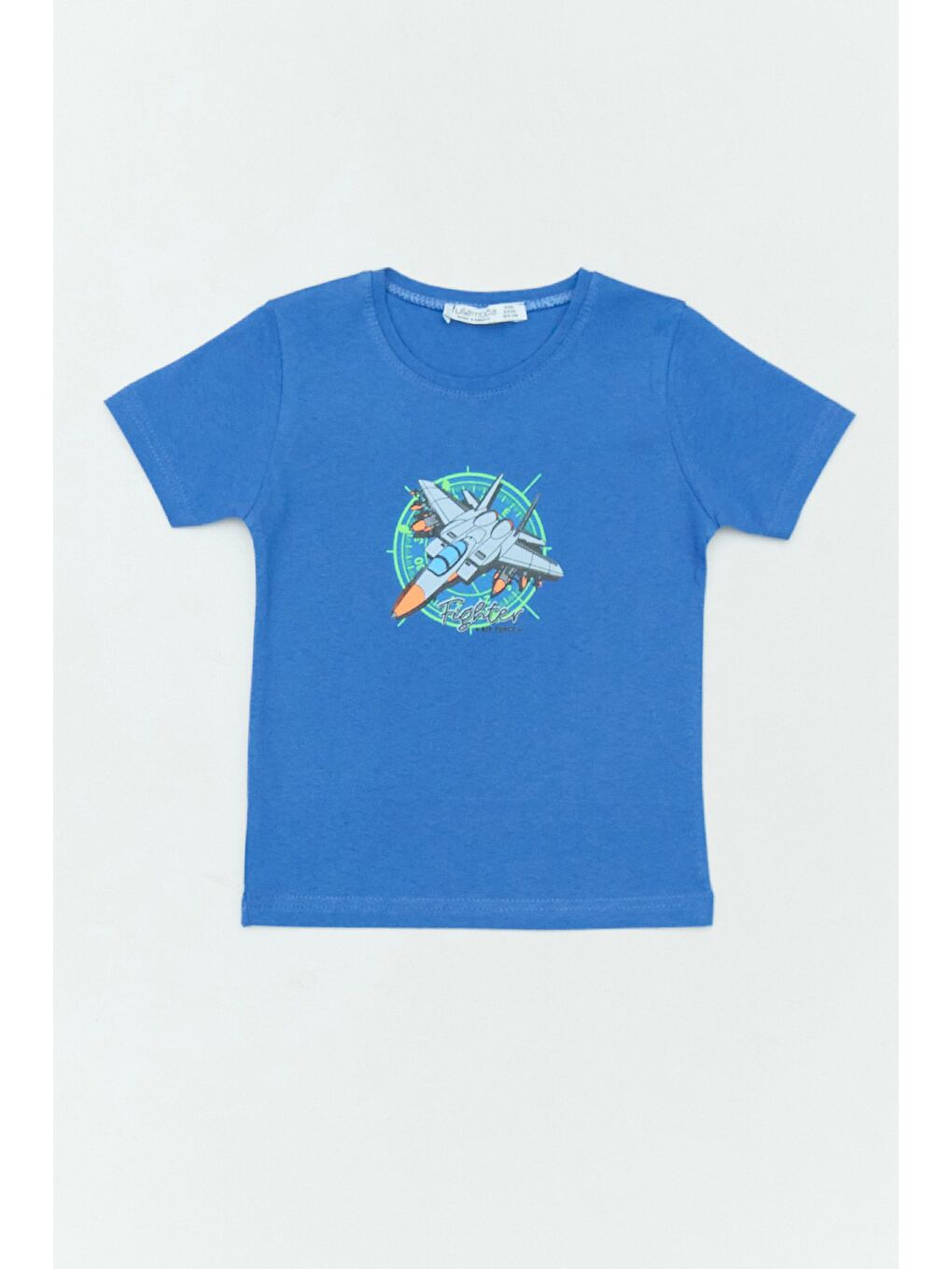 Mavi %100 Pamuk Uzay Mekiği Baskılı Bisiklet Yaka Erkek Çocuk Tişört