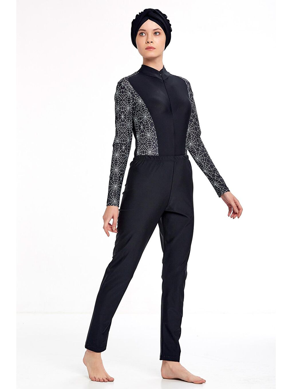 Elastanlı 3'lü Yüzücü Tesettür Mayo 4358 Siyah-1