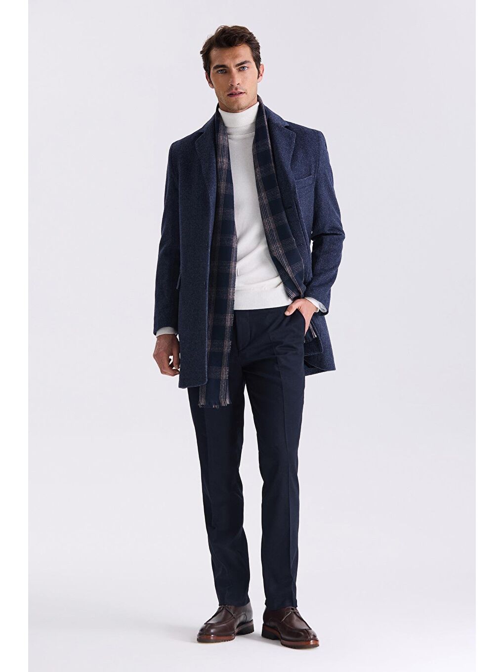 Lacivert Regular Fit Mono Yaka Yünlü Kaşe Kaban-1