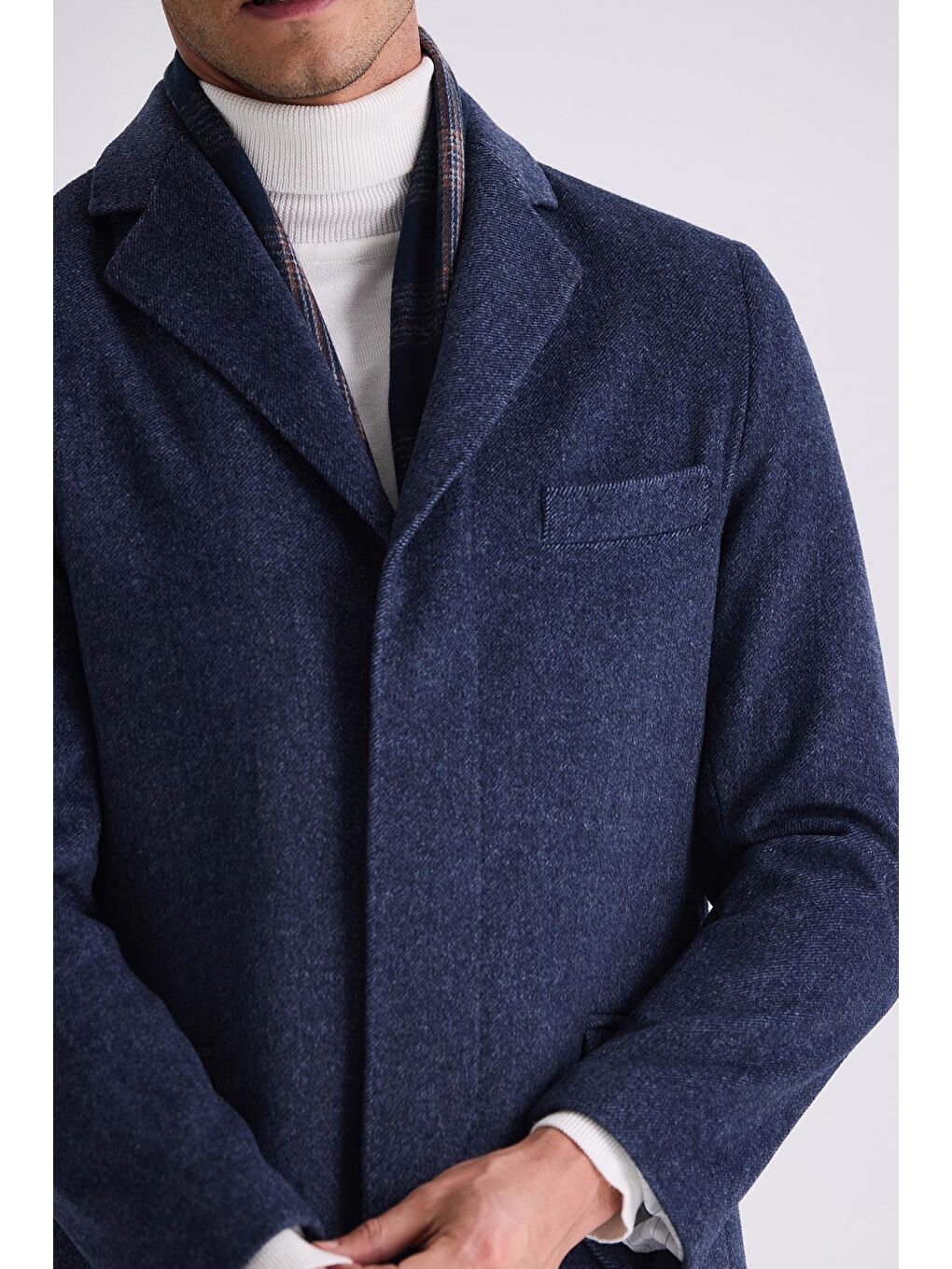 Lacivert Regular Fit Mono Yaka Yünlü Kaşe Kaban-2