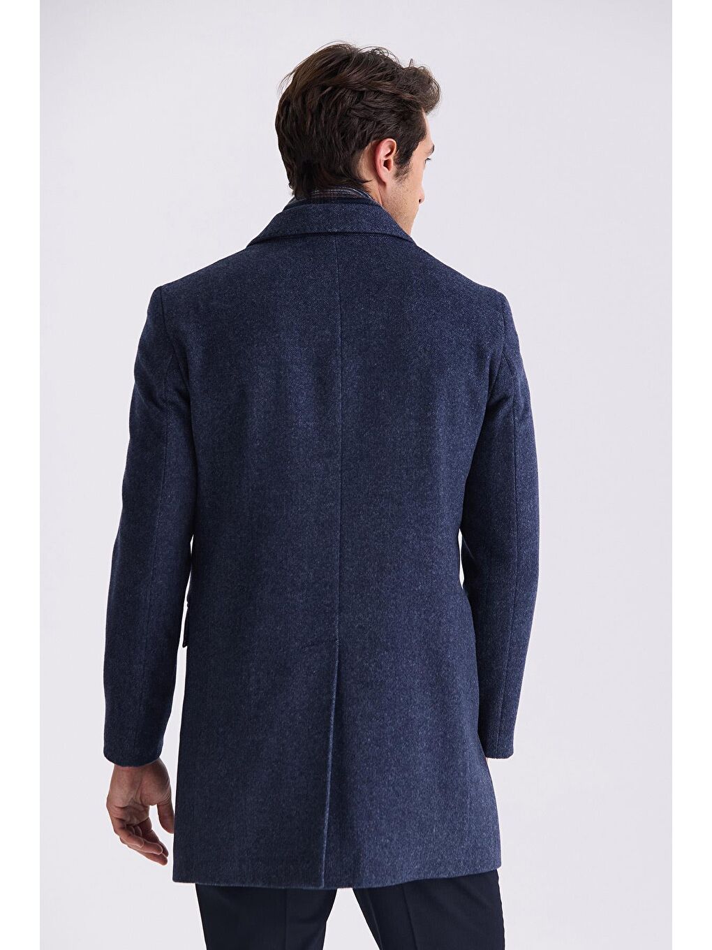 Lacivert Regular Fit Mono Yaka Yünlü Kaşe Kaban-3