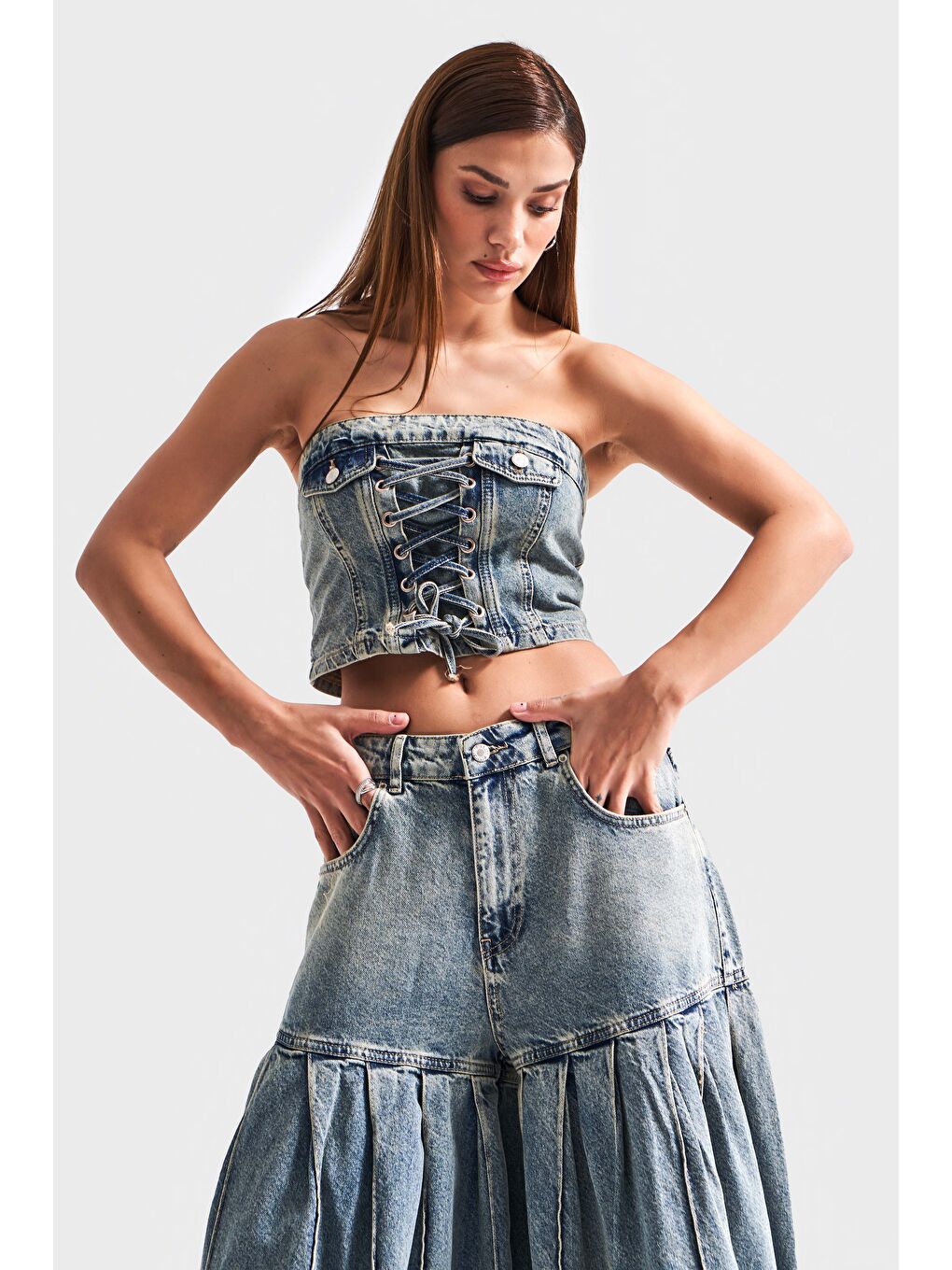 Mavi Kadın T.Kot Rengi 3S5-75 Bağcık Detaylı %100 Pamuk Tasarım Denim Büstiyer